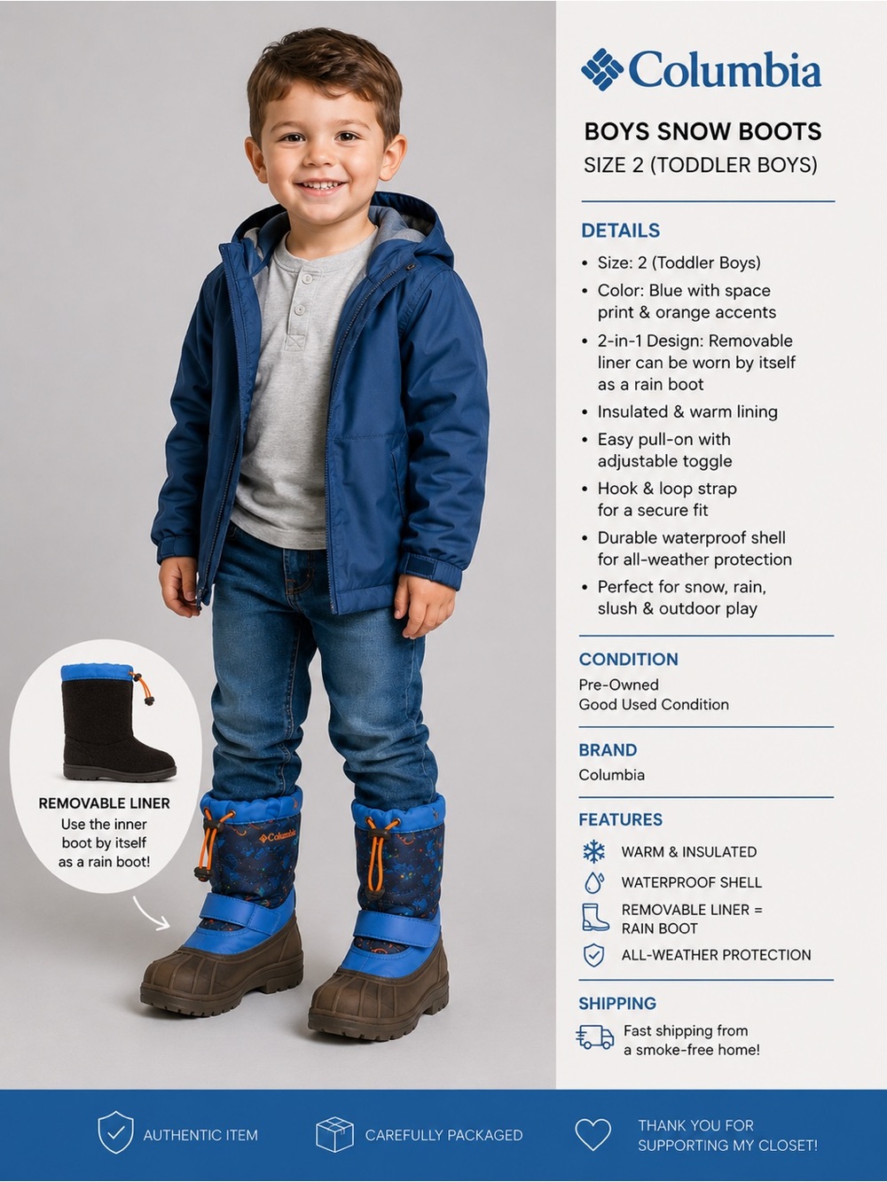 ⭐️ Host Pick ⭐️ Size 2 Boys Snow/Rain Boots Removable Liner:Waterproof Insulated